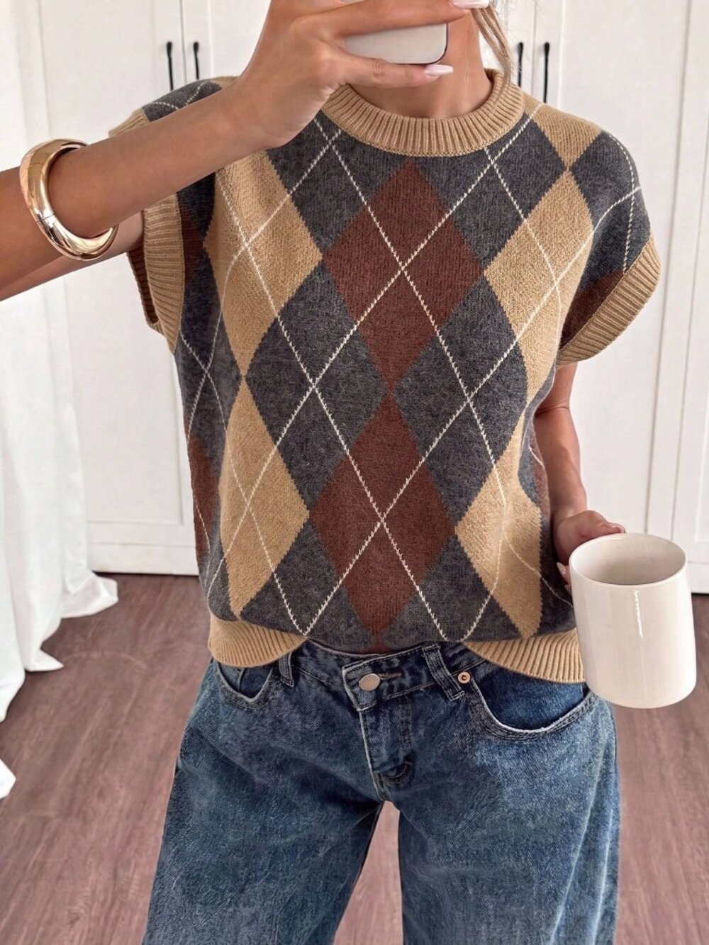 Multicolor Casual Women's Striped Argyle Jacquard Knit Top